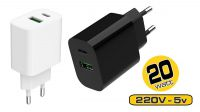 Cargador universal 1x USB-A QC 3.0, 1x USB-C PD 3.4A 20W