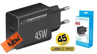 Transformador USB 110-240V QC 1xUSB C PD 5-20V max. 45W preto