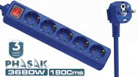 Régua 5 tomadas Schuko 16A com interruptor azul 1.8m