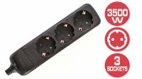 Regleta 3 tomas Schuko, sin interruptor, 3500W Negra, sin cable