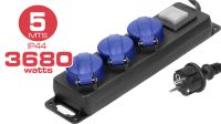 Regleta 3 tomas Schuko IP44 con tapa y con interruptor, 3680W Negra