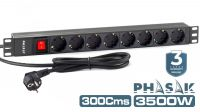 Regleta PHASAK 19" 8 tomas Schuko, con interruptor, 3600W 16A 3 m Negra