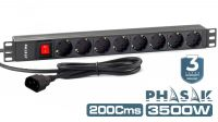 Regleta PHASAK 19" 8 tomas Schuko, conector IEC C14, con interruptor, 2m Negra