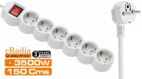 Régua  6 tomadas Schuko 16Amp com interruptor preta 1.50 m.
