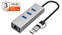 Adaptador cRadia USB 3.0/TypeC a RJ45 Giga + Hub USB 3.0 3p. preto