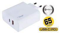 Transformador USB 110-240V QC3.0 1xUSB+USB-C, PD3.0, 5-20V, máx.65W, 3A branco