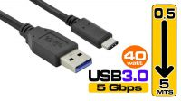 Cabo USB 3.1 Tipo A a Tipo C M/M 10 Gb/s (0,5/5Mts) preto