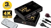 Conmutador HDMI con mando 3 puertos 4K Negro