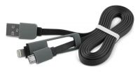 Cabo plano de dados e carga USB 2 em 1 iPhone/micro USB metal preto 1m